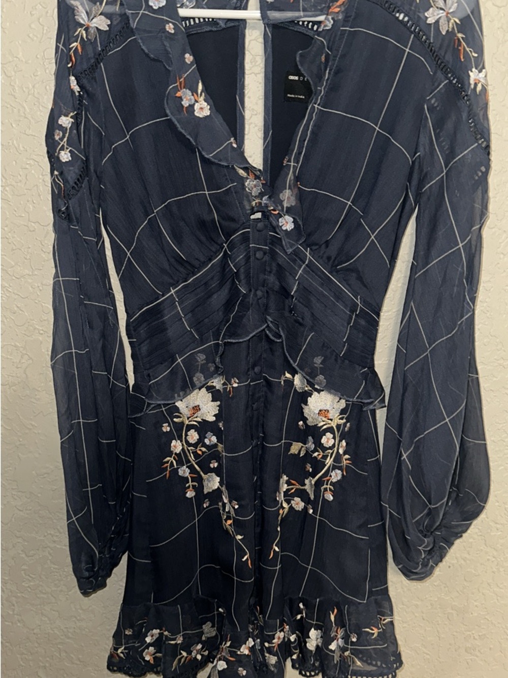 ASOS Navy Floral Grid Ruffle Mini Dress - Picture 2 of 2
